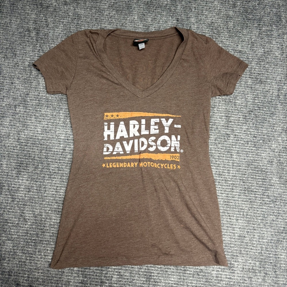 Harley Davidson Womens T Shirt Brown V Neck Short Sleeve Hunter Moon Lafayette - Picture 1 of 5